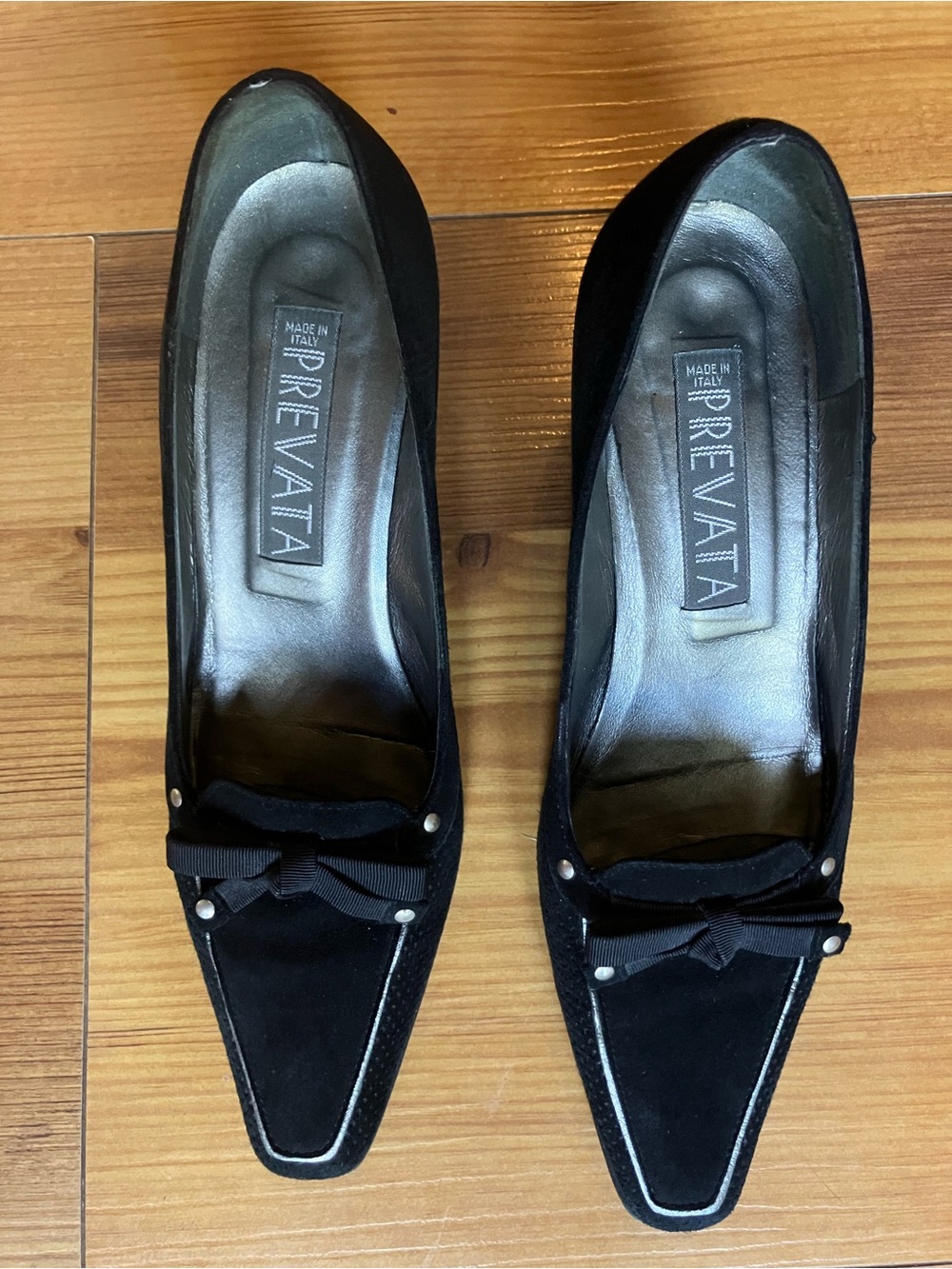Prevata Black Suede Pointed Toe Bow Flats with Silver Trim